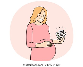 Pregnant woman holds blisters of pills and vitamins to support immunity of baby in womb. Pregnant expectant mother recommends taking useful medicines to get rid of health problems.