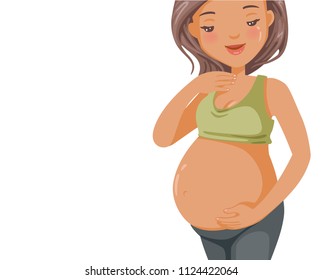 Pregnant woman holds hands on belly. pregnancy and maternity, beautiful tender Feeling of pregnancy.  expectation and preparation concept. Vector illustrations isolated on white background.

