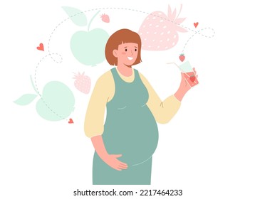 Pregnant woman holds healthy fruit juice in her hand . Nutrition and diet during pregnancy.  Vector illustration