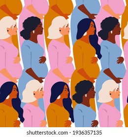 A pregnant woman holds her belly. Pattern with pregnant women. Motherhood pattern. Bright vector illustration. Pregnancy pattern. Variety of nationalities woman pregnant