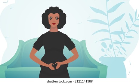 A pregnant woman holds her belly with her hands. A beautiful pregnant woman is standing in front. Vector illustration.