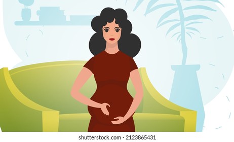 A pregnant woman holds her belly with her hands. Natural background with room. Gentle colors. Vector.