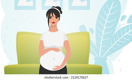 A pregnant woman holds her belly with her hands. A young mother is waiting for a newborn. Vector illustration.