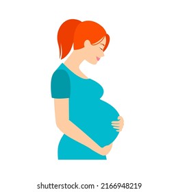 Pregnant woman holds her belly isolated on the white background.	
