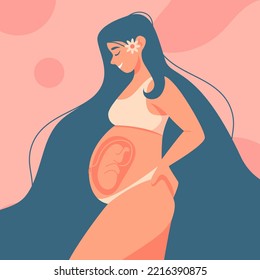 Una mujer embarazada se sostiene el vientre. Pancarta feliz sobre el embarazo y la maternidad. El feto en el útero. Ilustración vectorial de dibujos animados planos. Concepto del logotipo de la clínica de maternidad. Diagnóstico ecográfico, sonograma