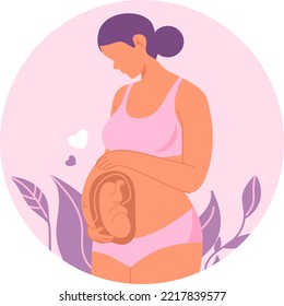 Pregnant woman holds her belly. Happy pregnancy and motherhood banner. Fetus in the womb. Flat cartoon vector illustration. Maternity clinic logo concept. Ultrasound diagnostic, sonogram