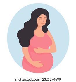 Pregnant woman holds her belly. Future mom. Design for poster, banner, logo, card. Vector illustration.