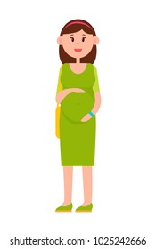 Pregnant woman holds her big round belly with bright yellow bag in long green dress isolated cartoon flat vector illustration on white background.