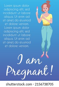 Pregnant woman holds positive pregnancy test, announcement poster template, flat vector illustration. Childbirth concept banner with text. Pregnancy planning flyer.