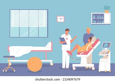 Pregnant woman at hospital doctor appointment flat concept vector illustration