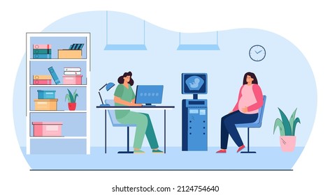 Pregnant woman in hospital flat vector illustration. Cheerful female character at appointment with gynecologist after ultrasound screening. Healthcare, maternity, prenatal care concept