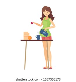 Pregnant Woman Housewife. Pregnant Woman House Work Preparing Food, Making Tea In Kitchen. Housekeeping Concept Cartoon Vector Illustration