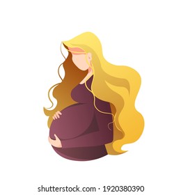 Pregnant woman hugging her belly. Motherhood, Parenthood, Pregnancy concept. Isolated vector Illustration for poster, banner, card, cover.