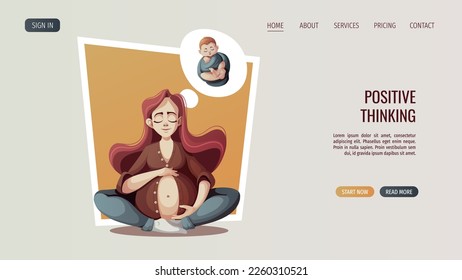 Pregnant woman hugging her belly and thinking about baby. Motherhood, Parenthood, Pregnancy concept. Vector Illustration for poster, banner, website.