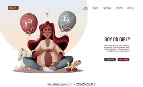 Pregnant woman hugging her belly and balloons for gender reveal party. Motherhood, Baby waiting, Pregnancy concept. Vector Illustration for poster, banner, website.