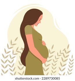 Pregnant woman hugging her belly. pregnancy, healthcare concept.Vector illustration in flat style. isolated on white background.