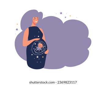 Pregnant woman hugging her belly with baby in uterus, funny flat cartoon illustration of pregnancy and motherhood, copy space for text, modern banner.