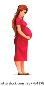 Pregnant woman hugging her belly, waiting for a baby. Vector cartoon illustration