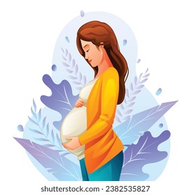 Pregnant woman hugging her belly with natural leaves background. Pregnancy concept vector cartoon illustration