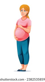 Pregnant woman hugging her belly. Vector cartoon illustration isolated on white background