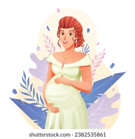 Pregnant woman hugging her belly on natural background with leaves. Pregnancy concept vector cartoon illustration