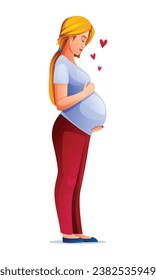 Pregnant woman hugging her belly, waiting for a baby. Vector cartoon illustration isolated on white background