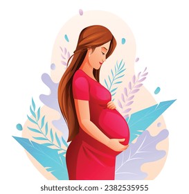 Pregnant woman hugging her belly with nature leaves background. Vector cartoon illustration