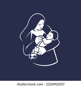 Pregnant woman hugging her unborn child. Illustration on dark background.