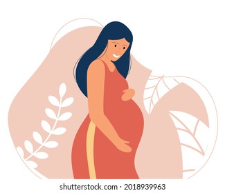 A pregnant woman hugs her belly. Pregnancy and motherhood. Medicine and health. Vector flat illustration.