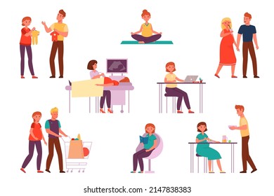 Pregnant Woman Husband Cartoon Young Family Stock Vector (Royalty Free