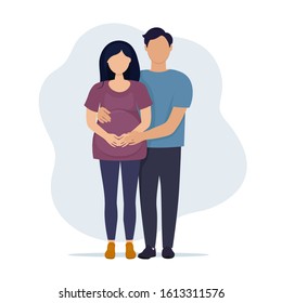 Pregnant woman with husband, Happy expecting couple - cute cartoon concept illustration of a couple expecting a baby, healthcare, pregnancy, medicine. Vector illustration in flat style