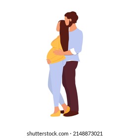 Pregnant woman with husband isolated. The man carefully hugged the pregnant woman. The husband and wife are expecting a baby. Vector illustration