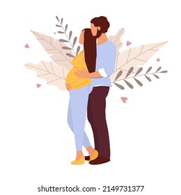 Pregnant woman with husband. The man carefully hugged the pregnant woman. The husband and wife are expecting a baby. Vector illustration