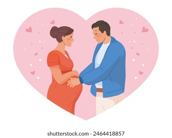 Pregnant woman with husband. Husband man and wife pregnancy expecting baby, love family married couple future daddy mommy, happy mother prenatal period vector illustration of pregnant woman