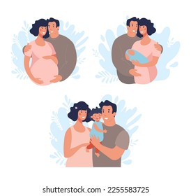 Pregnant woman with husband and newborn baby set, parenthood and motherhood. The concept of pregnancy, family, medical care, advice to young parents. Flat vector illustration.