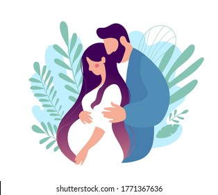 Pregnant woman with husband on a background of leaves. Concept illustration for design about pregnancy, motherhood, parenthood. Flat cartoon style, vector illustration.