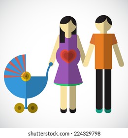 Pregnant woman with husband, stylized folded vector illustration of the family. 