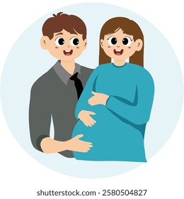 Pregnant woman with husband. waiting for the birth of a child, isolated design illustration. A pair of happy parents-to-be. A pregnant woman is expecting a baby. Husband and wife hug