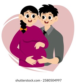 Pregnant woman with husband. waiting for the birth of a child, isolated design illustration. A pair of happy parents-to-be. A pregnant woman is expecting a baby. Husband and wife hug