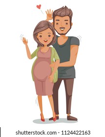 pregnant woman with husband. women and men stand embracing from the back. smile and waved. life concept and waiting time for delivery. happy family. Vector illustrations isolated on white background.
