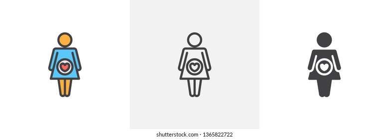 Pregnant woman icon. Line, glyph and filled outline colorful version, woman with heart belly outline and filled vector sign. Symbol, logo illustration. Different style icons set. Vector graphics