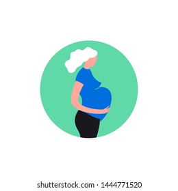 Pregnant woman icon in modern vanguard simplistic style. Prenatal clinic sign. Editable vector illustration in bright pink, blue, green vibrant colors. Medical, healthcare, childbearing concept.