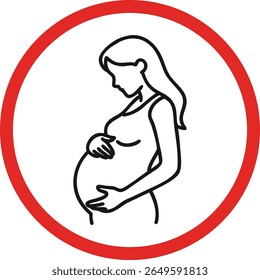 Pregnant woman icon in red circle symbolizing maternity warning, pregnancy care, maternal protection, or caution sign for expectant mothers in health, safety, or product usage contexts.