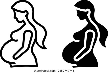 Conjunto de Ícones da Mulher Grávida - Símbolo Mãe da Gravidez Vetor Preto e Branco para Maternidade e Design Familiar