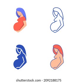 Pregnant woman icon set in flat and line style. Pregnancy, motherhood symbols. Prenatal period. Vector illustration.