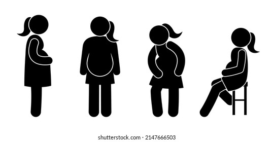 pregnant woman icon, set of isolated stick figure pictograms, girl with big belly
