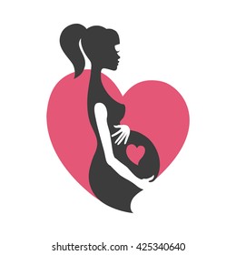 Pregnant woman icon.Vector silhouette.Flat logo.Pregnancy Design template,banner.Illustration,background. Girl expectant mother.Infographics.Fashion,health,baby,family poster