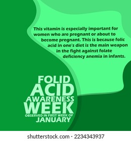 Pregnant woman illustration with bold text and sentences on green background to commemorate Folic Acid Awareness Week Observed in first week of January