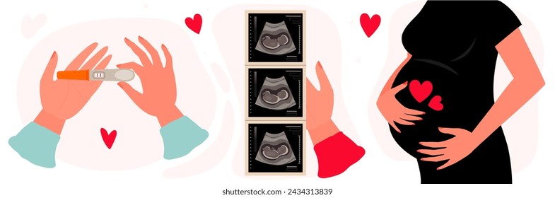 Ilustración de mujer embarazada. Conjunto de ilustración de concepto de maternidad. Imagen de ultrasonido bebé en mano. Prueba de embarazo positiva