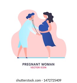 Pregnant woman image in modern vanguard simplistic style. Prenatal clinic sign. Editable vector illustration in bright blue, pink vibrant colors. Medical, healthcare, child bearing concept.